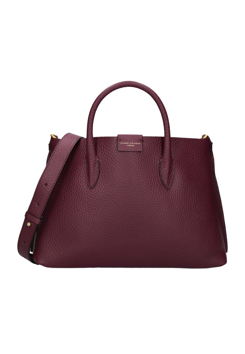 Grande borsa in pelle di colore viola scuro, con una texture elegante, doppi manici e una tracolla regolabile, dotata di una piccola placca logo anteriore.