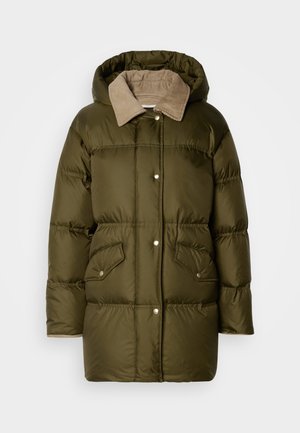 Puffy olive green coat with a beige corduroy collar, front snap buttons, side pockets, and a hood. Smooth texture with quilted pattern.