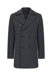 Wełniany płaszcz w kolorze węgla drzewnego o podwójnym zapięciu, z klapami z wycięciem i dwoma przednimi kieszeniami. Charakteryzuje się dużymi, czarnymi guzikami oraz tekstura w jodełkę.