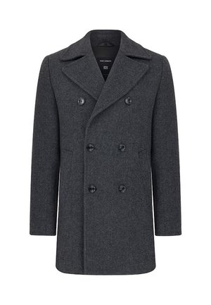 Wełniany płaszcz w kolorze węgla drzewnego o podwójnym zapięciu, z klapami z wycięciem i dwoma przednimi kieszeniami. Charakteryzuje się dużymi, czarnymi guzikami oraz tekstura w jodełkę.