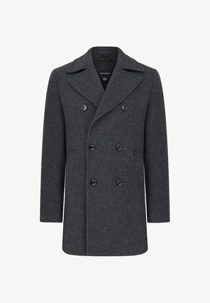 Wełniany płaszcz w kolorze węgla drzewnego o podwójnym zapięciu, z klapami z wycięciem i dwoma przednimi kieszeniami. Charakteryzuje się dużymi, czarnymi guzikami oraz tekstura w jodełkę.
