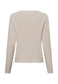 Beige gerippter Langarmoberteil mit Rundhalsausschnitt, ausgestattet mit einem strukturierten Strick und Raglanärmeln, entworfen für eine lockere Passform.