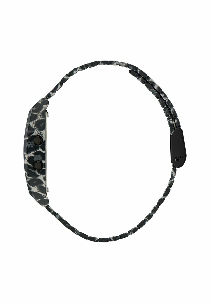 Digitale Uhr mit einem schwarz-weißen marmorierten Silikonarmband. Verfügt über ein rechteckiges Zifferblatt mit zwei schwarzen Tasten und einer glatten Oberfläche.