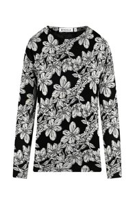 Long-sleeve top in black cotton with white floral print. Features a round neckline and a relaxed fit. Simple, monochrome design with minimal detailing.