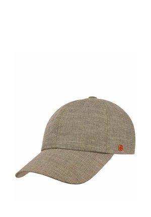 Beige textured fabric baseball cap with curved brim and small round red and gold logo on side panel.
