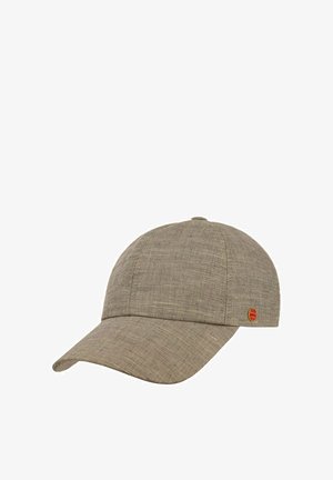 Beige textured fabric baseball cap with curved brim and small round red and gold logo on side panel.
