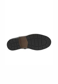 Suela de zapato de goma negra con patrones de relieve profundos, que presenta una entresuela marrón lisa. La forma está contorneada para un ajuste seguro y estabilidad.