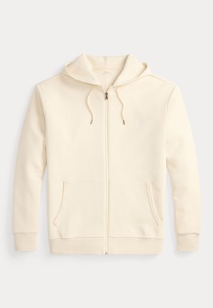 Kreemjas lukuga dressipluus ees taskute, nööriga kapuutsi ja tagasihoidliku Polo Ralph Laureni logoga rinnal.