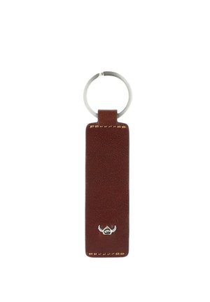 Brown leather rectangular keychain with metal ring and small silver bull head emblem at the bottom.