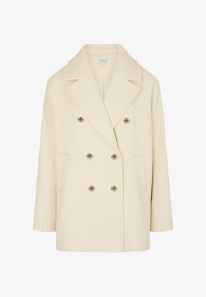 Abrigo de doble botonadura en color crema, hecho de una tela suave, con grandes solapas con muesca, botones en tono plateado y bolsillos laterales.