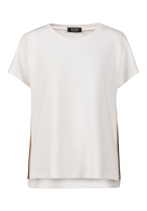 Blouse blanche à manches courtes avec encolure ronde et fines rayures verticales noires et beiges sur les côtés, étiquetée TUZZI.