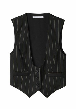 Gilet nero senza maniche con sottili righe verticali bianche a spillo, tre bottoni neri sul davanti e due tasche a filetto ai lati.