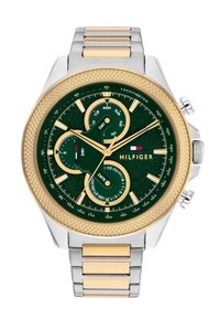 Grüne Zifferblatt-Chronographuhr mit einem Armband aus Edelstahl in Gold und Silber. Sie verfügt über drei Unterzifferblätter, einen Datumsmarker und eine strukturierte Lünette.