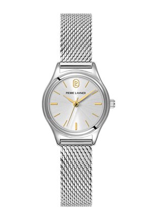 Srebrny zegarek na rękę z siateczkową bransoletą, złotymi znacznikami godzin i wskazówkami, okrągłą tarczą pokazującą czas 10:09:33, marki Pierre Lannier.