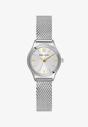 Stříbrné náramkové hodinky se síťovaným páskem, zlatými hodinovými značkami a ručičkami, kulatým ciferníkem zobrazujícím čas 10:09:33, značky Pierre Lannier.