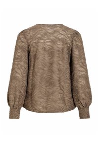 Blouse marron texturée avec un motif ondulé, manches longues bouffantes et encolure ronde. Tissu extensible avec un léger éclat.