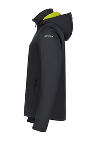 Sort softshell jakke med en struktureret overflade og lys grøn fleecefor. Har en hætte og sidelommer med lynlås.