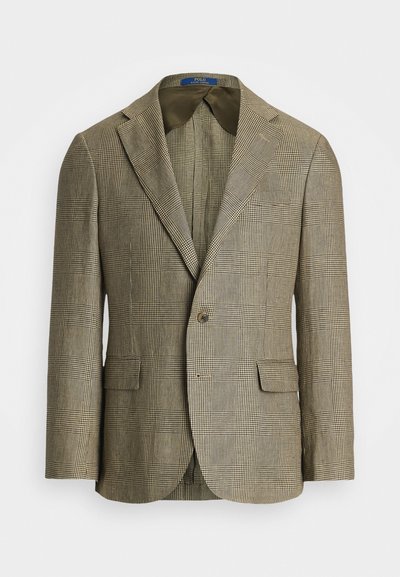 Blazer xadrez em tons de bege e castanho, com fecho de um botão, lapelas com recortes e dois bolsos frontais. Tecido texturizado.