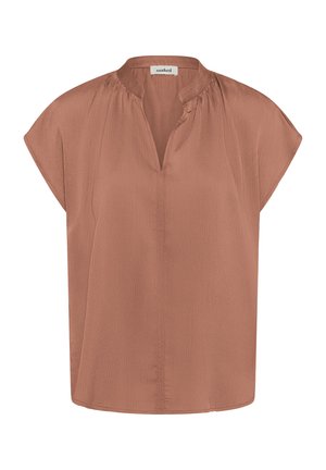 Roostepruun lühikeste varrukatega pluus ümmarguse kaelusega, õlgadel peened voldid ja väike V-kujuline esiosa avaus.