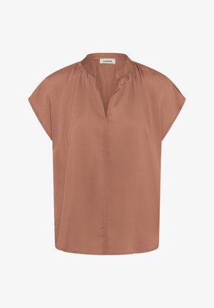 Rust-brown short-sleeve blouse with a round neckline, subtle gathers at the shoulders, and a small V-shaped front opening.