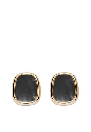 Paire de boucles d'oreilles à monture dorée avec des pierres rectangulaires noires polies aux bords arrondis, présentées sur un fond blanc.