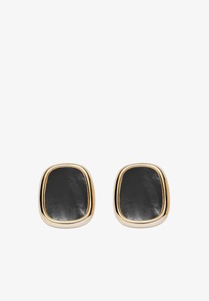 Pair of gold-framed earrings with polished black rectangular stones, rounded edges, displayed on a white background.