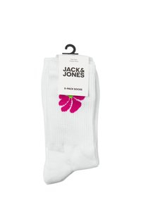 Witte katoenen sokken in een 5-pack, voorzien van een heldere roze bloemenpatroon. Geribbelde textuur met een hanger met merk- en maatinformatie.