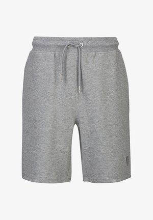 Grijze katoenen korte broek met elastische tailleband en trekkoord, met klein geborduurd schildlogo vlak bij de zoom aan de linkerpijp.