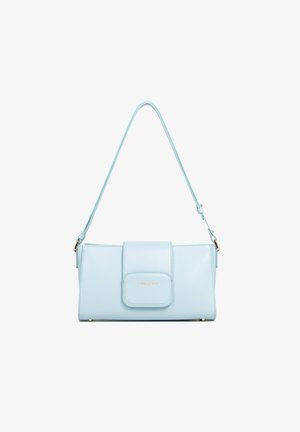 Light blue leather handbag with a fold-over flap, adjustable strap, and gold hardware accents. Smooth texture, rectangular shape.