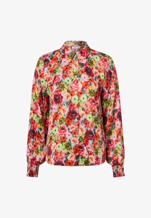 Floral button-up shirt with a collar, featuring vibrant red, pink, and green flowers on a light blue background; long sleeves with elastic cuffs.