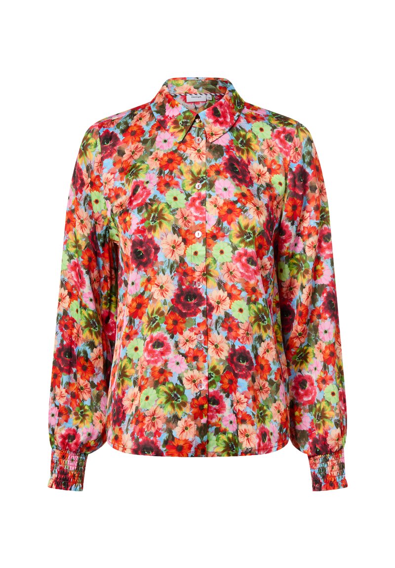Floral button-up shirt with a collar, featuring vibrant red, pink, and green flowers on a light blue background; long sleeves with elastic cuffs.