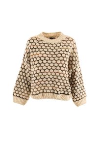 Maglione lavorato a maglia con un motivo testurizzato di punti rialzati in beige, marrone e un sottile arancione. Collo a girocollo e orlo a coste. Vestibilità ampia.