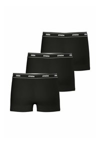 Trois paires de boxer noirs en tissu lisse. Chacune est dotée d'une taille avec le mot "ATHENA" en texte blanc et des accents à pois.