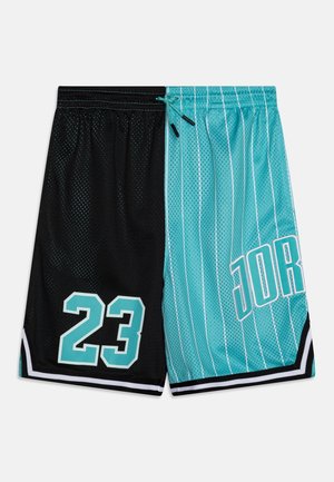Basketshorts opdelt i sort og tealfarvet med tynde striber, nummer 23 på den sorte side, og "JORD" på den tealfarvede side med snøre i taljen.