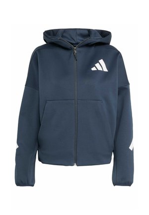 Mörkblå zip-up sweatshirt med huva, med vitt Adidas-logga och axeldetaljer, två framfickor och mjukt, texturerat tyg.