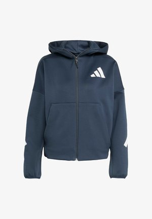 Dunkelblaues Zip-Hoodie mit Kapuze, ausgestattet mit weißem Adidas-Logo und Schulterakzenten, zwei Fronttaschen und weichem, strukturiertem Stoff.