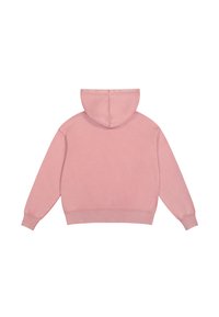 Sudadera con capucha en color rosa de corte relajado, con puños y dobladillo acanalados. Textura suave, con un diseño sencillo en la parte posterior sin detalles adicionales.