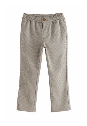 Pilki languoti kelnės su elastine juosmens juosta, mygtuku priekyje ir tiesiomis kojomis. Lengvos medžiagos, lygaus paviršiaus.