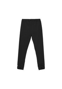 Svarta leggings gjorda av mjukt, elastiskt material med en tight passform. Har knutdetaljer vid anklarna och ett elastiskt midjeband.