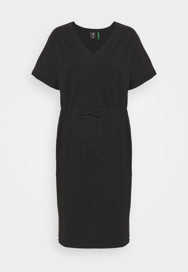 Robe noire mi-cuisse avec manches courtes, col en V et taille ajustable par cordon, présentée sur un fond uni.