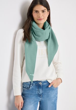 Giovane donna che indossa una sciarpa azzurro chiaro sopra una felpa bianca e jeans blu, in piedi davanti a uno sfondo bianco semplice.