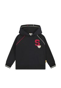 Felpa con cappuccio color navy, dotata di cordino, patch rosso con la "S", emblemma di un orso e dettagli bianchi a contrasto su maniche e orlo. Tessuto morbido in misto cotone.
