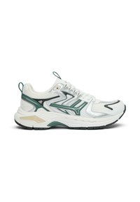 White and silver athletic sneaker with green accents, mesh upper, padded collar, lace-up design, and cushioned sole with black tread.