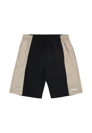 Pantaloncini sportivi neri e beige con elastico in vita e tasche laterali, con il logo FILA sul pannello laterale beige.