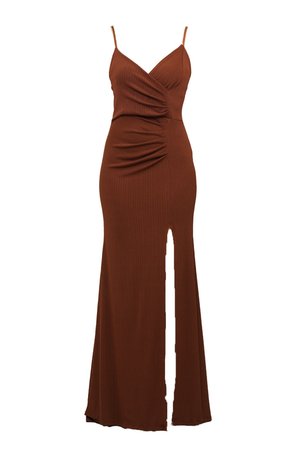 Brown ribbed maxi dress with spaghetti straps, ruched bodice, and a thigh-high slit. Smooth texture, body-hugging shape.