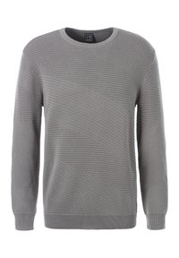 Grauer Pullover mit strukturiertem Design, das horizontale Linien und diagonale Akzente aufweist. Gerippte Bündchen und Halsausschnitt sorgen für Stabilität.