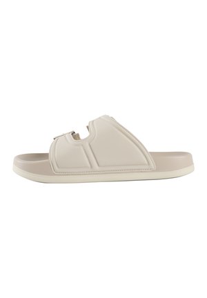 Sandale à glissière beige avec une tige texturée en synthétique, un design à bout ouvert, et une semelle profilée avec une finition lisse.