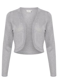 Cardigan court en maille argentée, présentant une texture douce, un design à ouverture frontale et des manches longues. Étiquette visible au niveau du col.