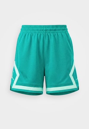 Turkoois sportshort met elastische tailleband en lichtblauwe geometrische strepen nabij de zoom, afgebeeld op een effen witte achtergrond.