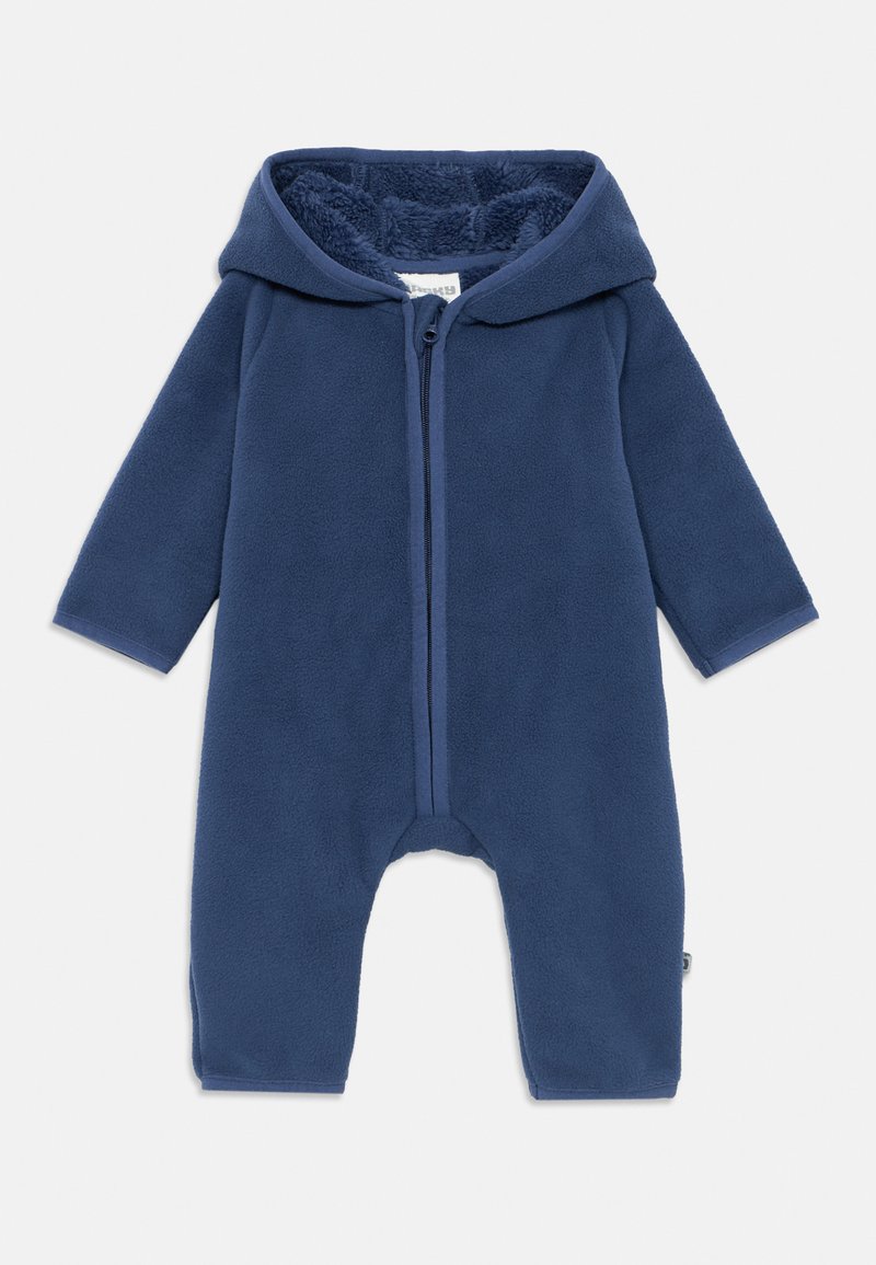 Combinaison en polaire bleu marine avec capuche, fermeture éclair sur le devant, manches longues et doublure intérieure douce. Pr�ésente un design simple sans accents supplémentaires.